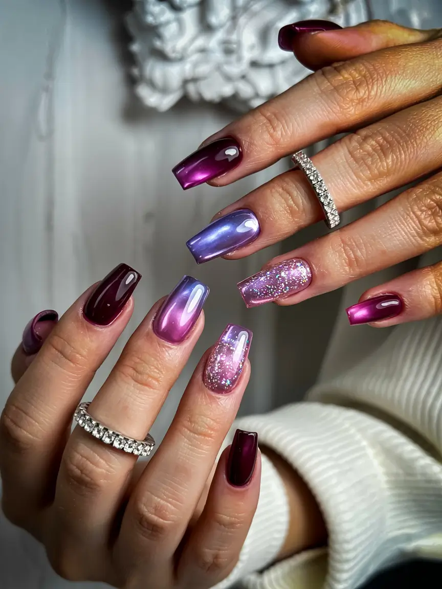 pink winter nails coffin Twilight Chrome Sparkle