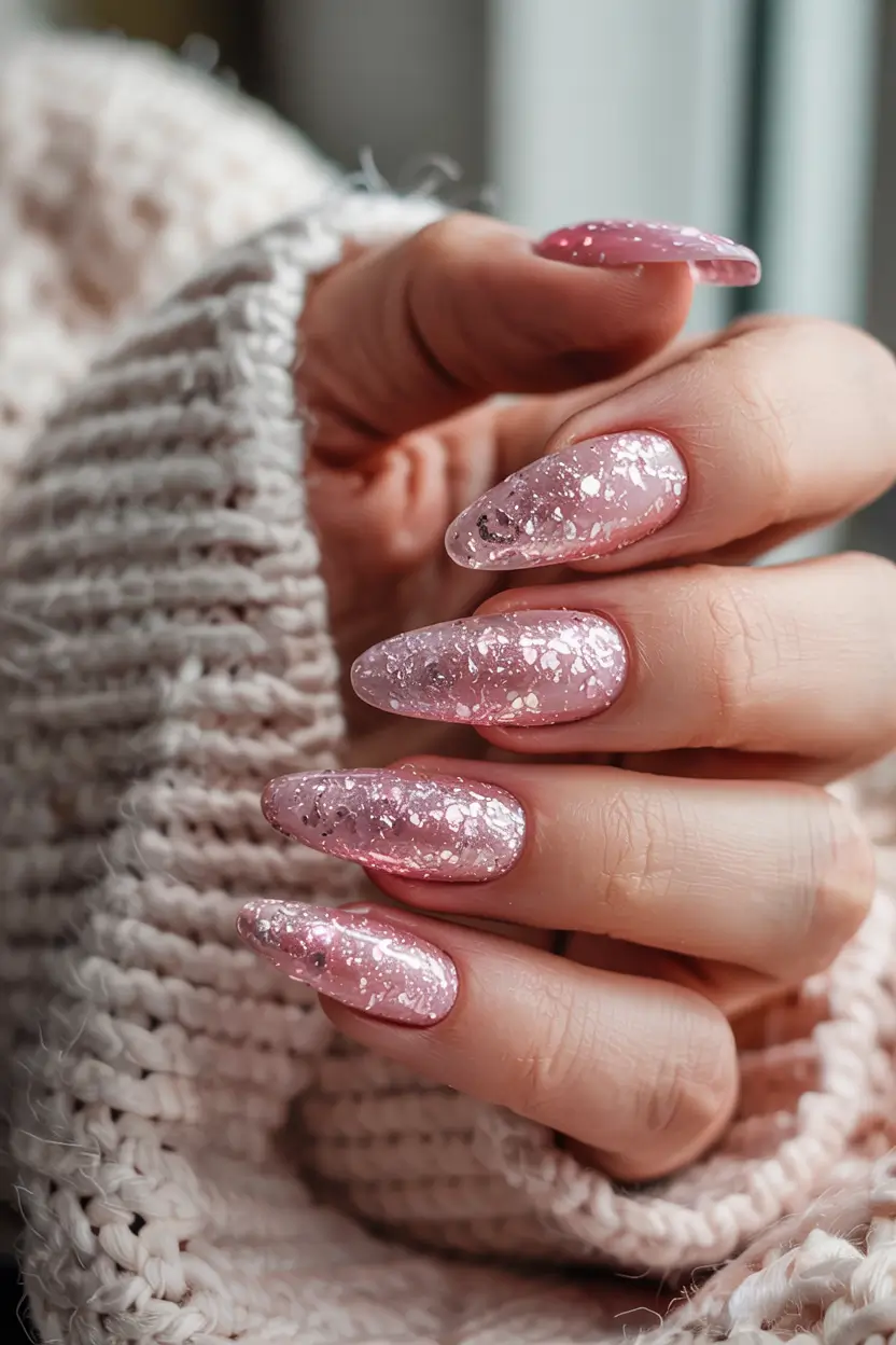 pink winter nails acrylic almond Glitter Blush Cozy Glam