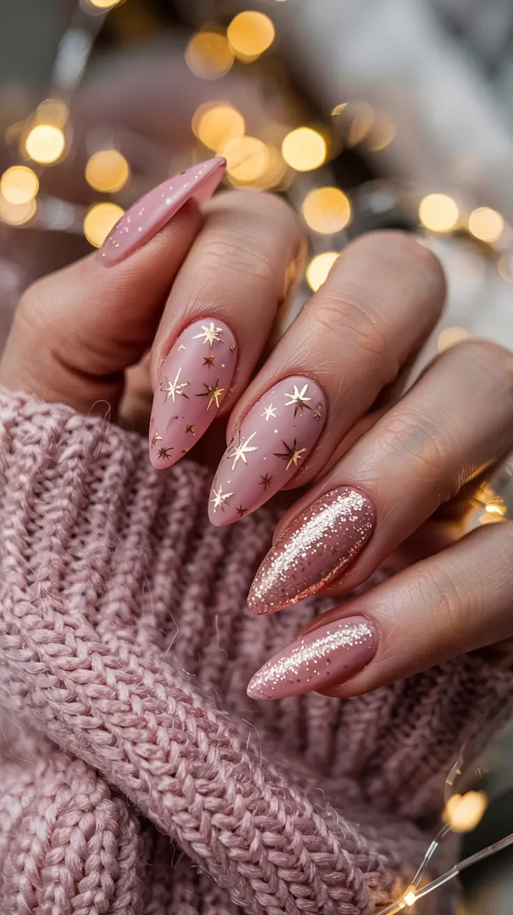 pink winter nails designs Golden Starry Dreams