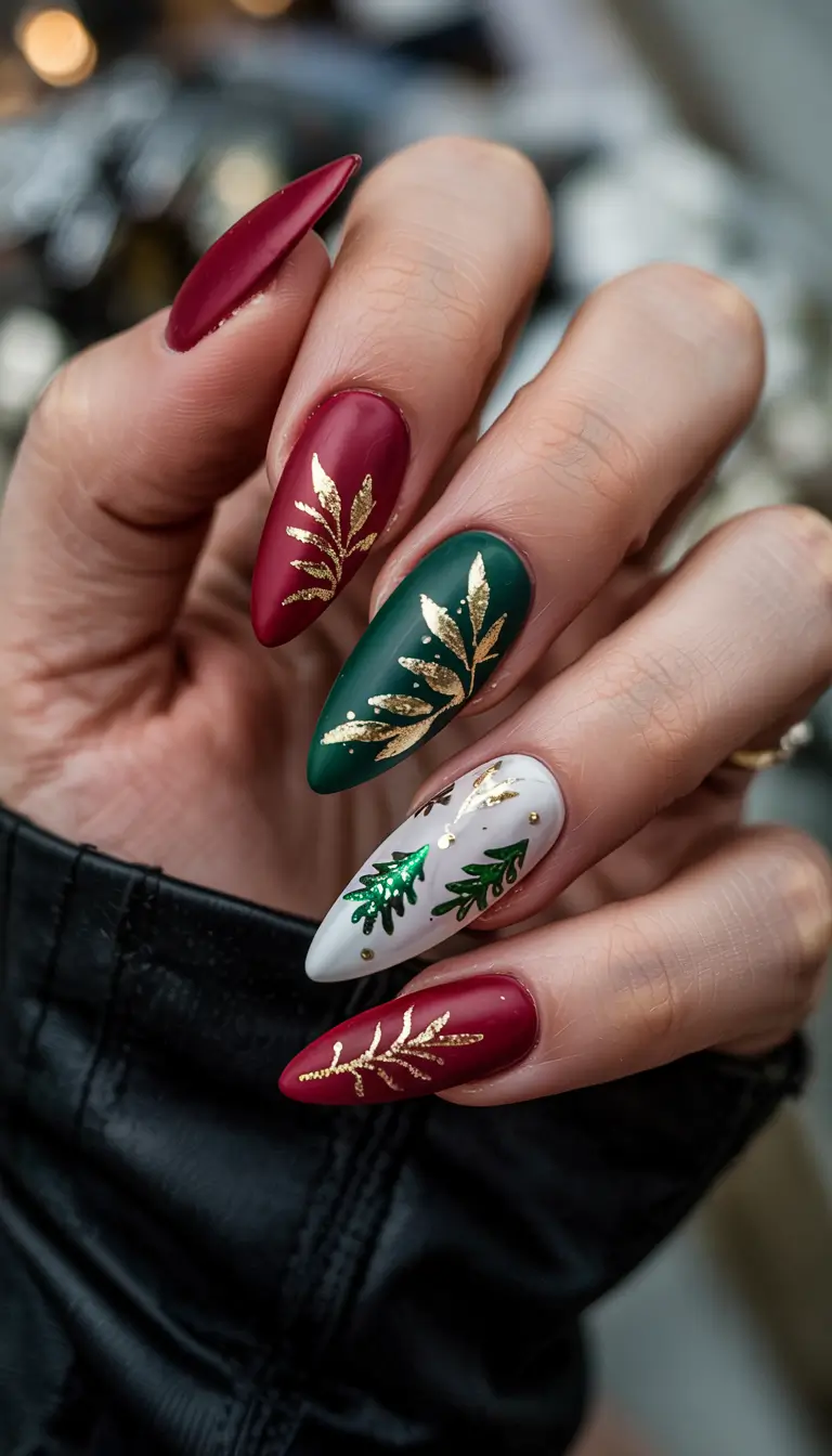 nails 2025 trends winter color Holiday Velvet Gold Leaf