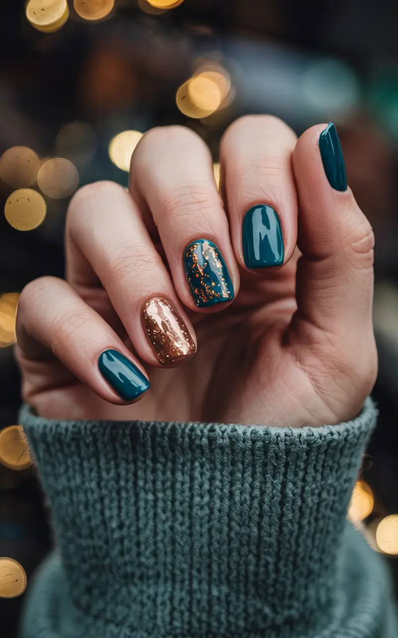 winter nails colors 2025 Copper Glimmer & Teal Nights
