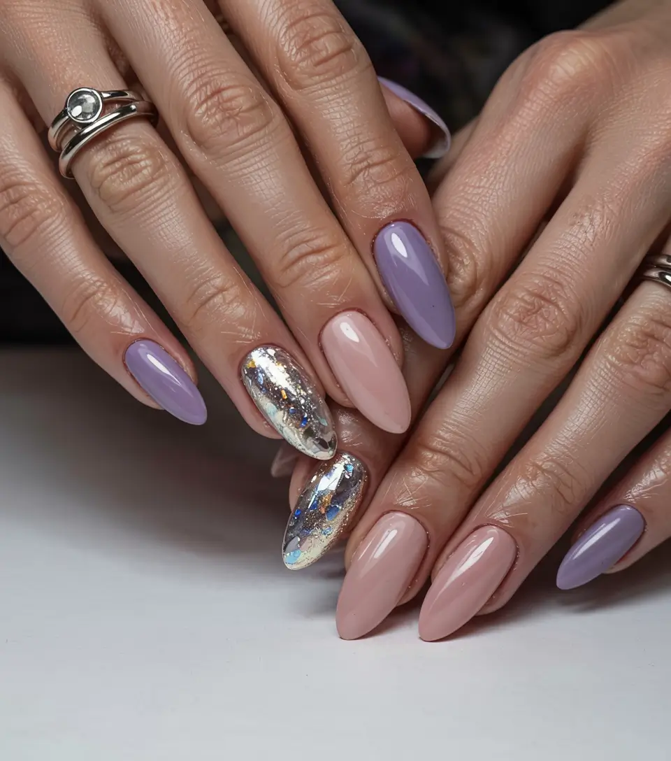nails 2025 trends winter color Lavender Frost & Nude Glow