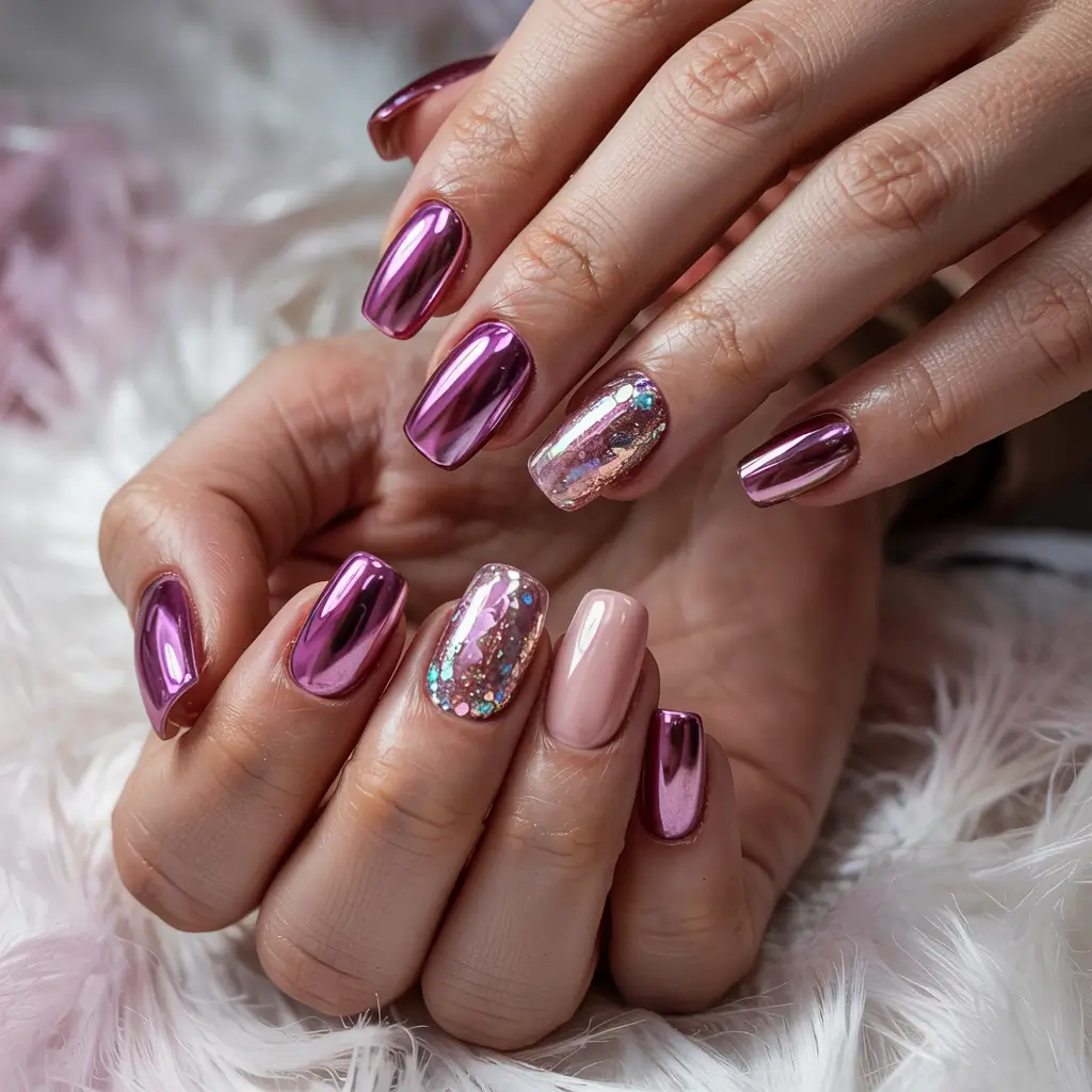pink christmas nails 2025 Chrome Rose Shine
