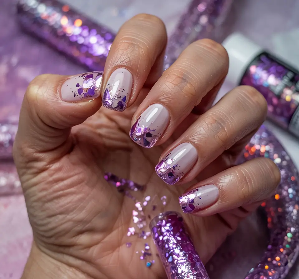 pink christmas nails 2025 Frosted Lilac Sparkle