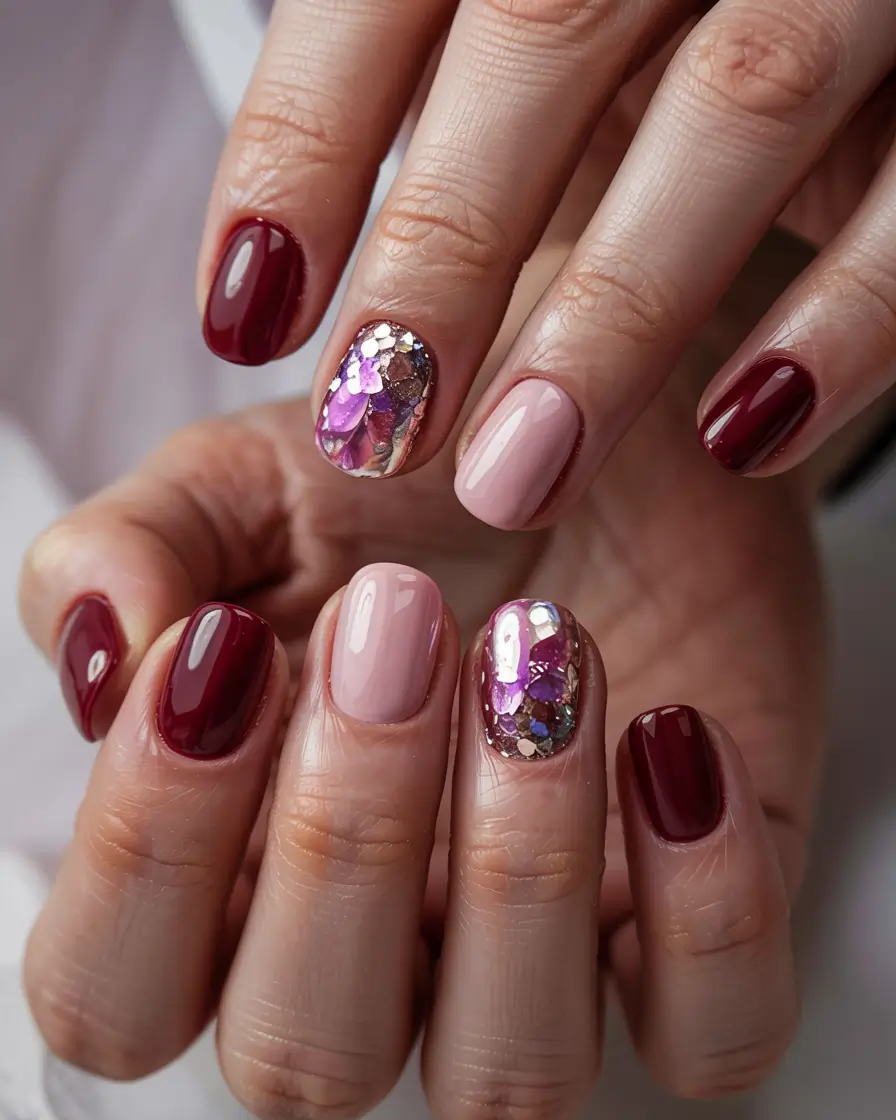 pink christmas nails 2025 Crimson Glitz & Blush Accent