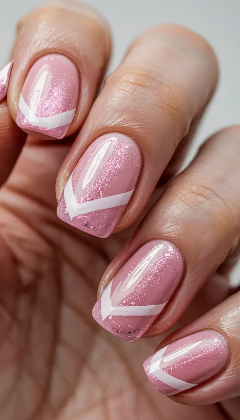 pink christmas nails 2025 Pastel Pink Chevron Sparkle