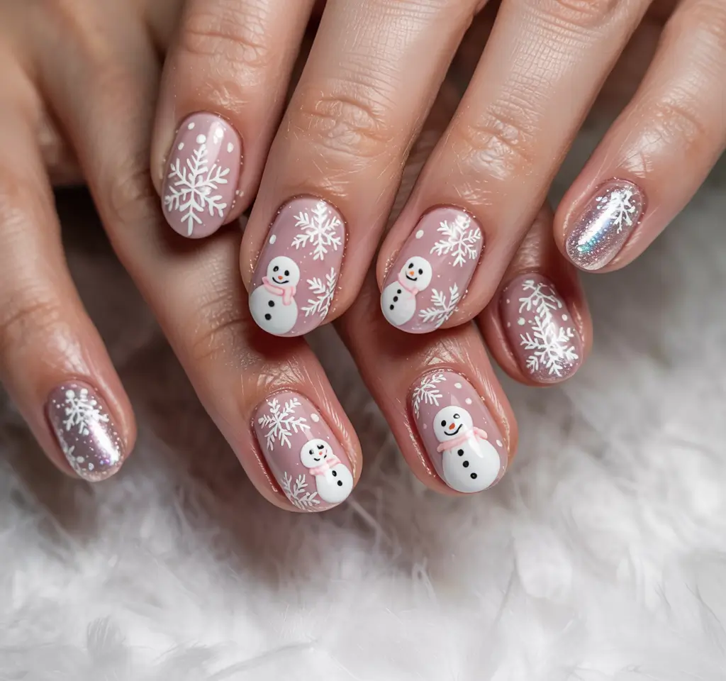 pink christmas nails 2025 Snowflake Whimsy