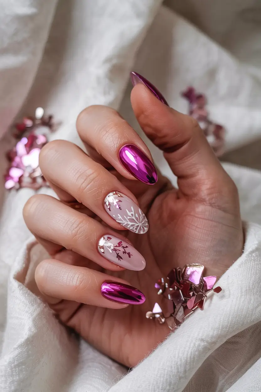 pink christmas nails 2025 Chrome Elegance & Snow Dust