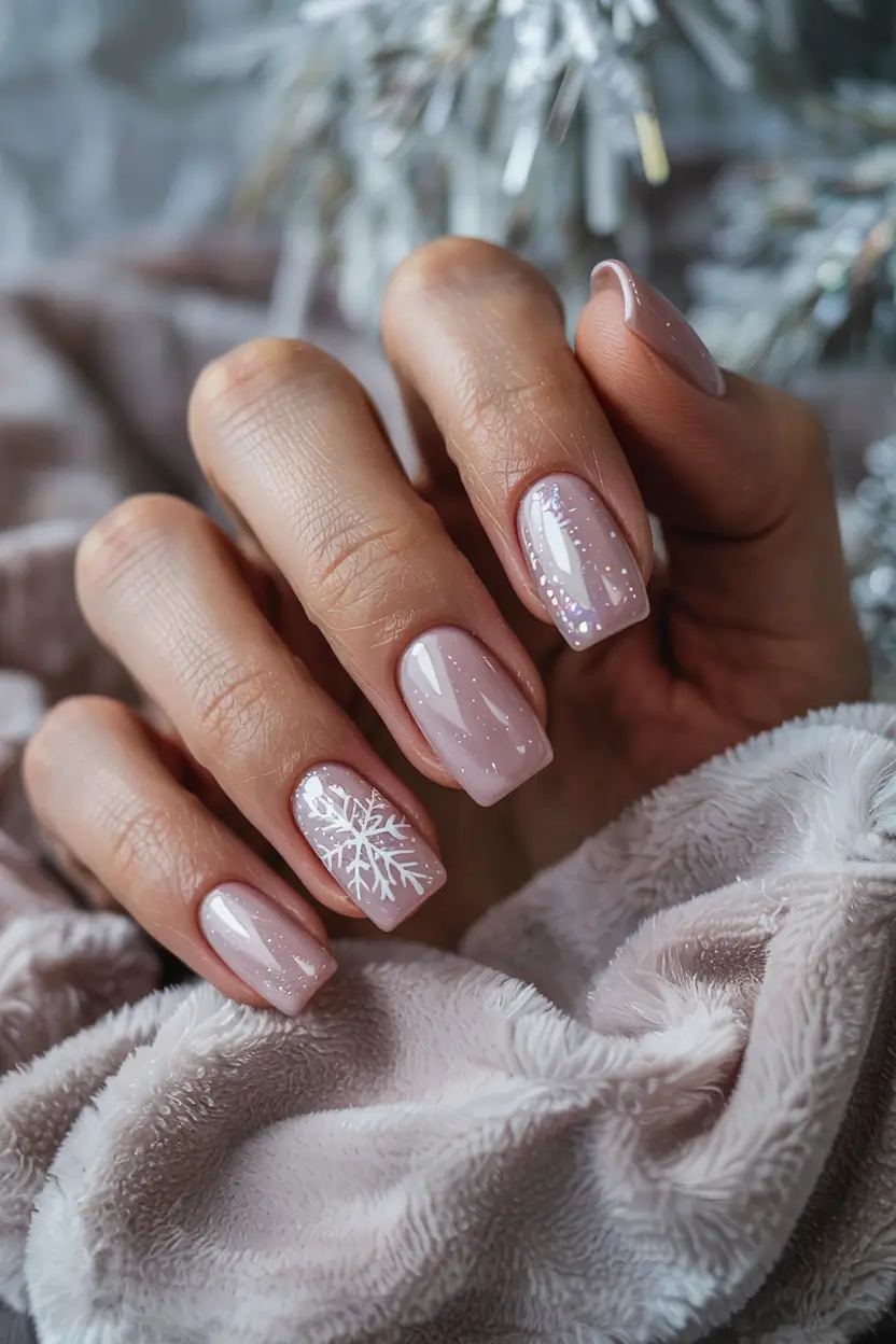 pink christmas nails 2025 Soft Snowflake Glow