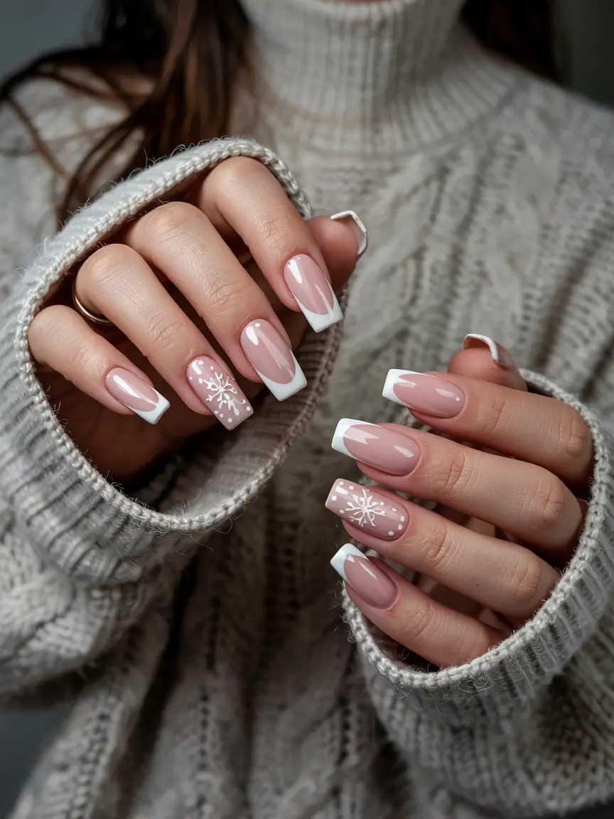 pink christmas nails 2025 French Frost & Snowfall