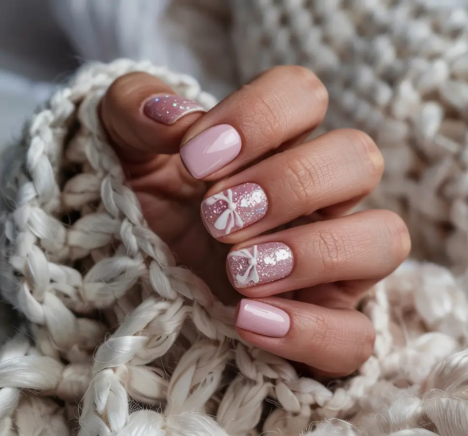 pink christmas nails 2025 Glitter Bows & Holiday Sweetness
