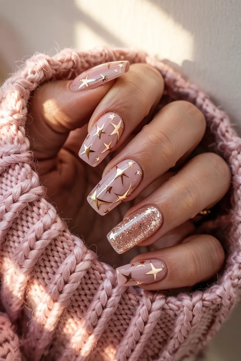 pink christmas nails 2025 Golden Star Glow