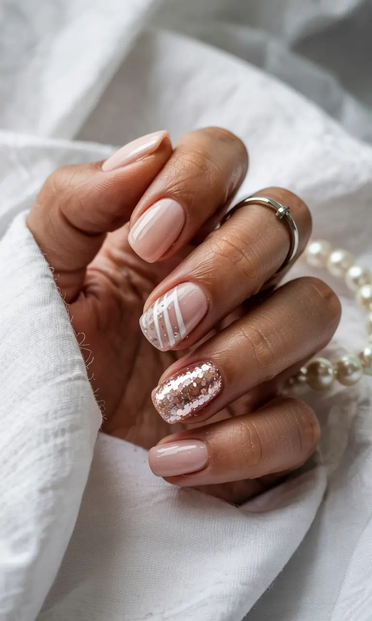 pink christmas nails 2025 Soft Nude Sparkle