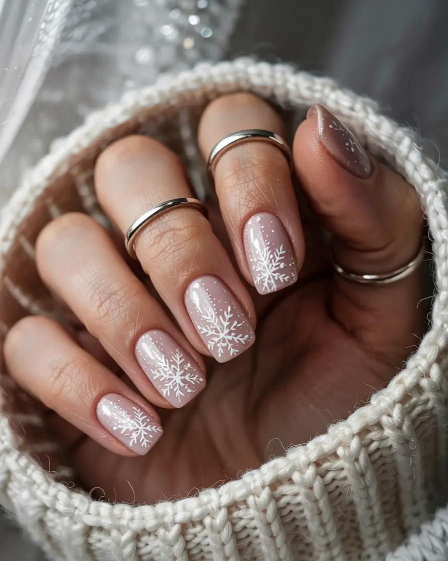 pink christmas nails 2025 Snowflake Whisper
