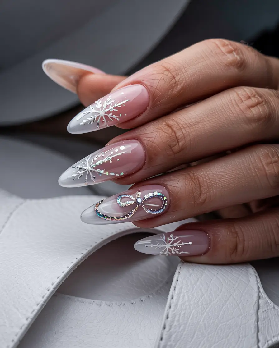 pink christmas nails 2025 Crystal Bow Perfection