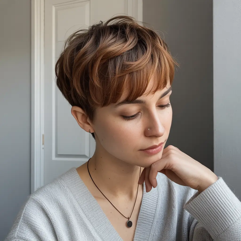 winter pixie haircuts 2025-2026 Soft Copper Layers with Baby Bangs