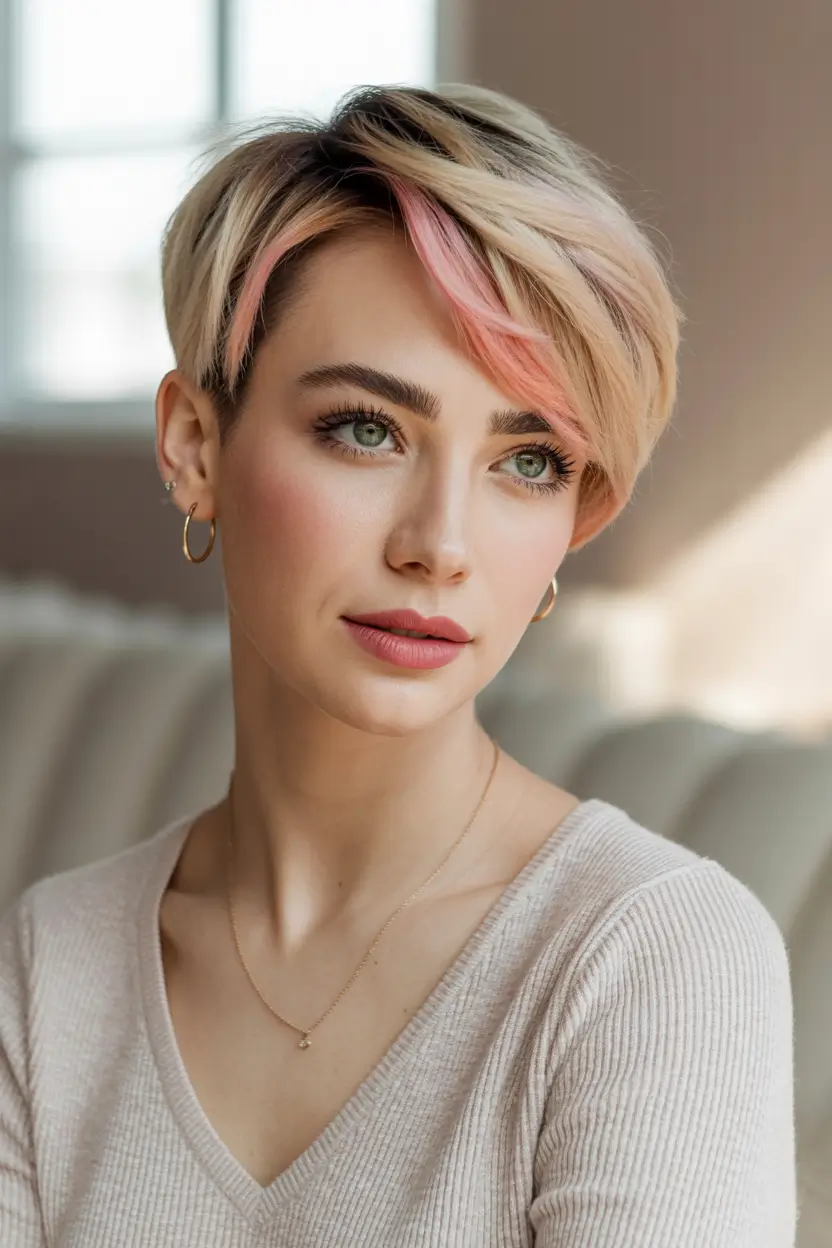 winter pixie haircuts 2025-2026 Blonde Pixie with Soft Pink Accent
