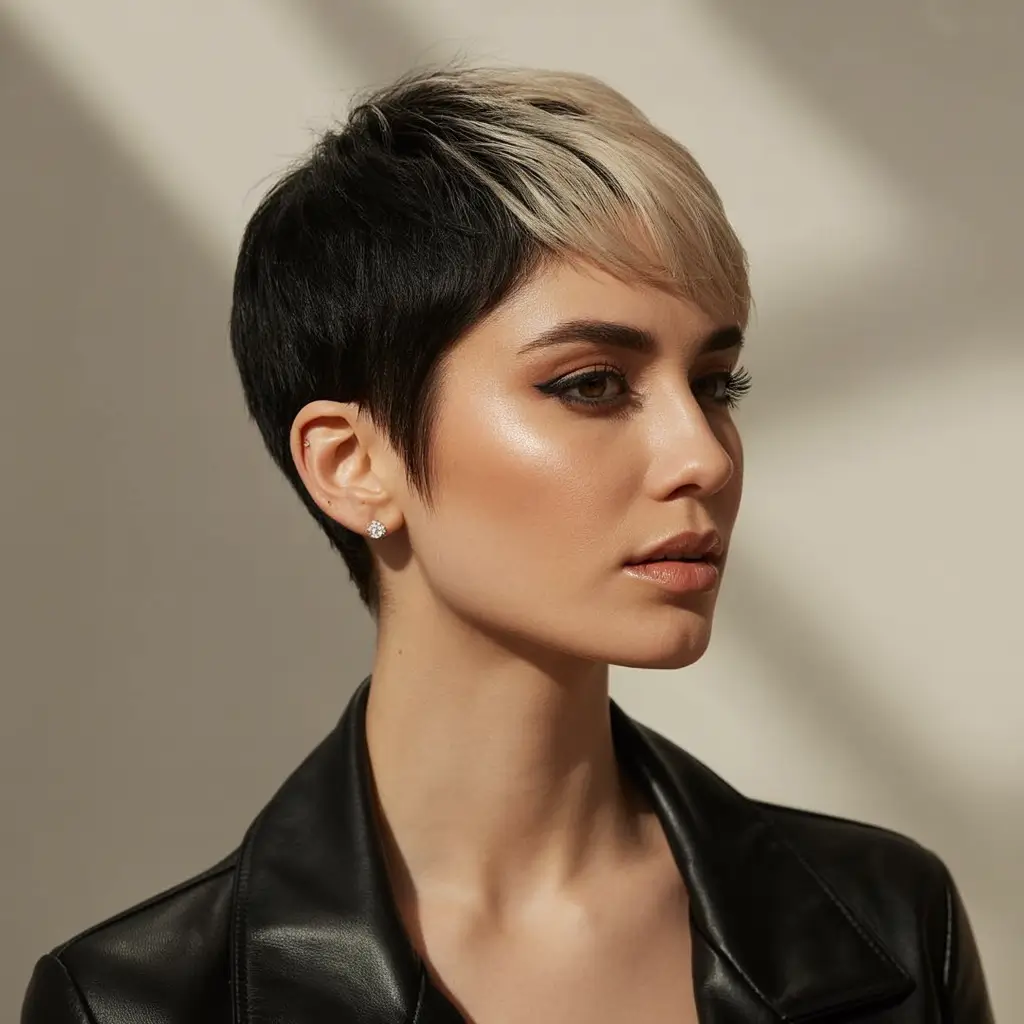 winter pixie haircuts 2025-2026 Black and Platinum Contrast Pixie