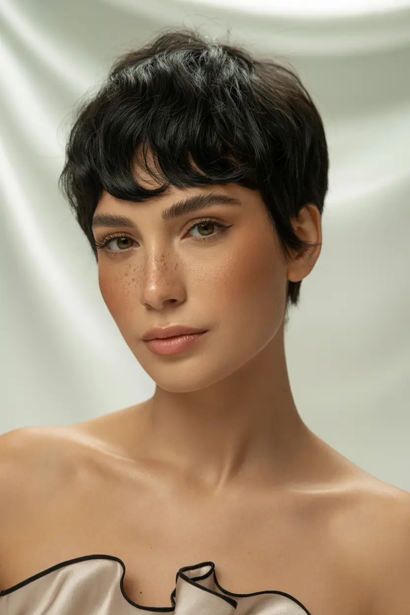 winter pixie haircuts 2025-2026 Soft Jet-Black Pixie with Micro Fringe