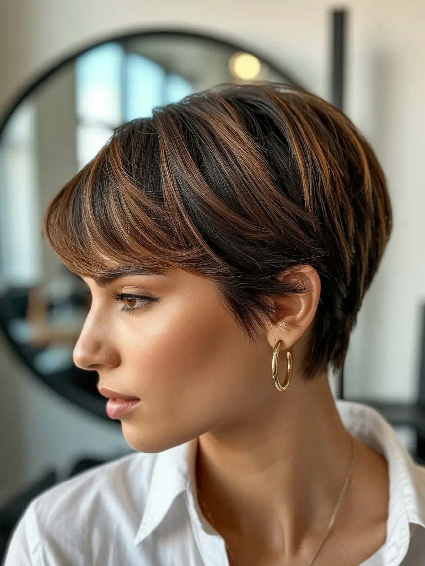 winter pixie haircuts 2025-2026 Chestnut Balayage Pixie with Volume