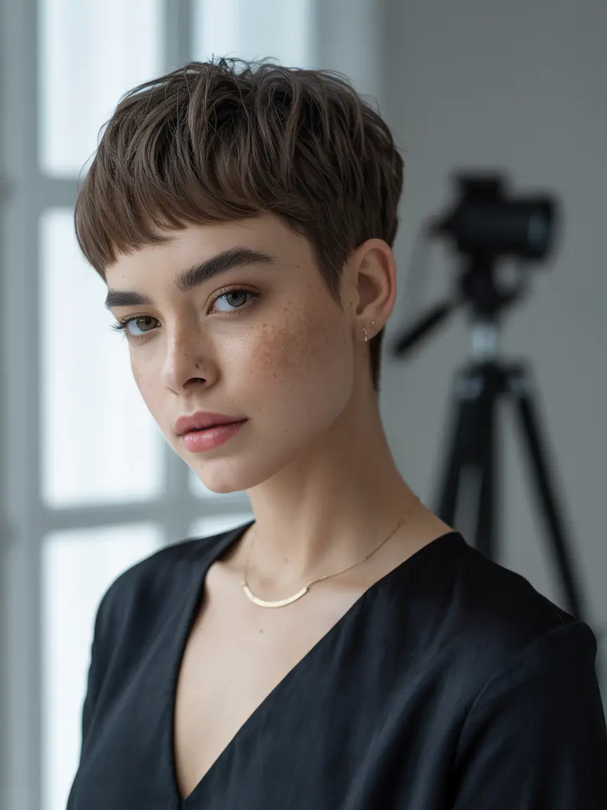 winter pixie haircuts 2025-2026 Cool Brunette Crop with Effortless Texture