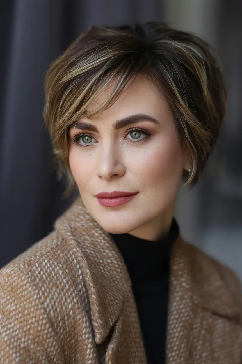 winter pixie haircuts 2025-2026 Cool Brunette Layers with a Chic Edge