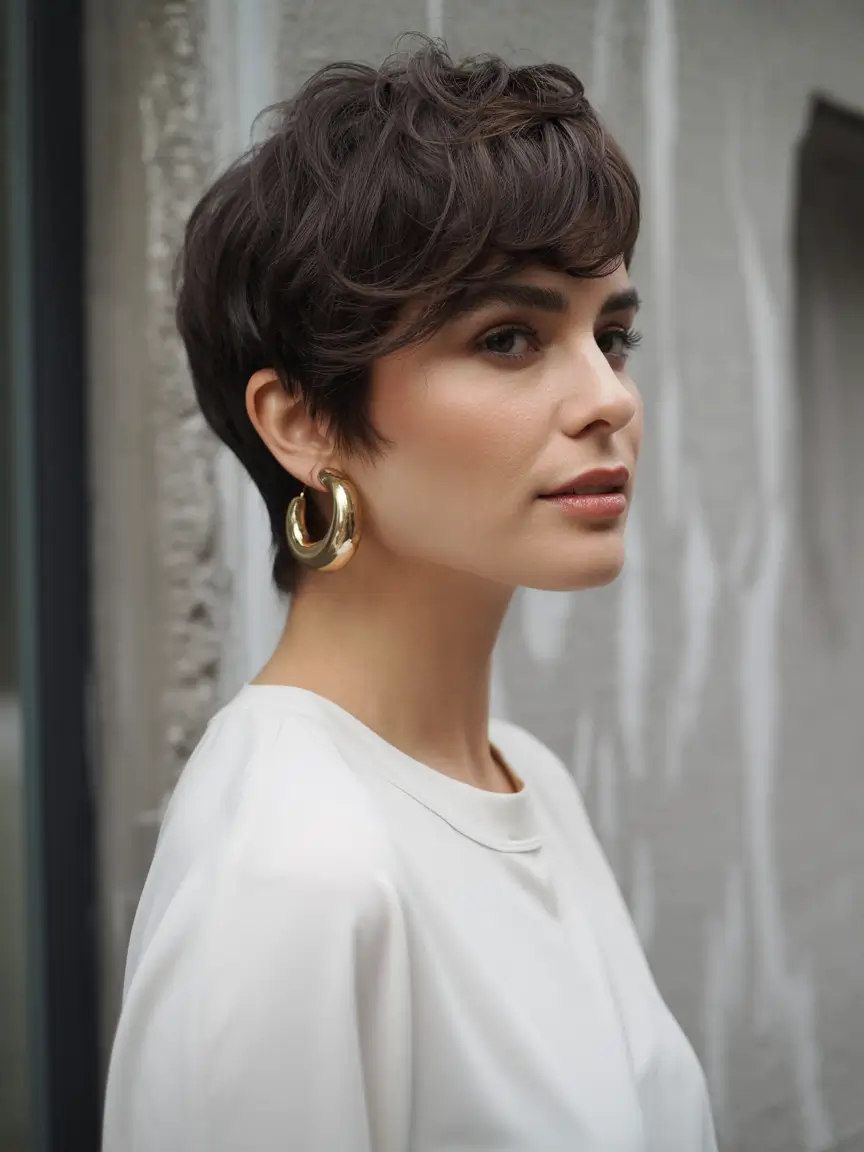 winter pixie haircuts 2025-2026 Textured Espresso Pixie with Tousled Bangs