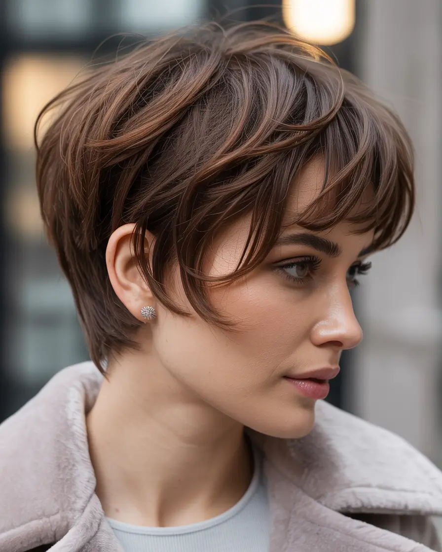 winter pixie haircuts 2025-2026 Layered Mocha Pixie with Wispy Bangs