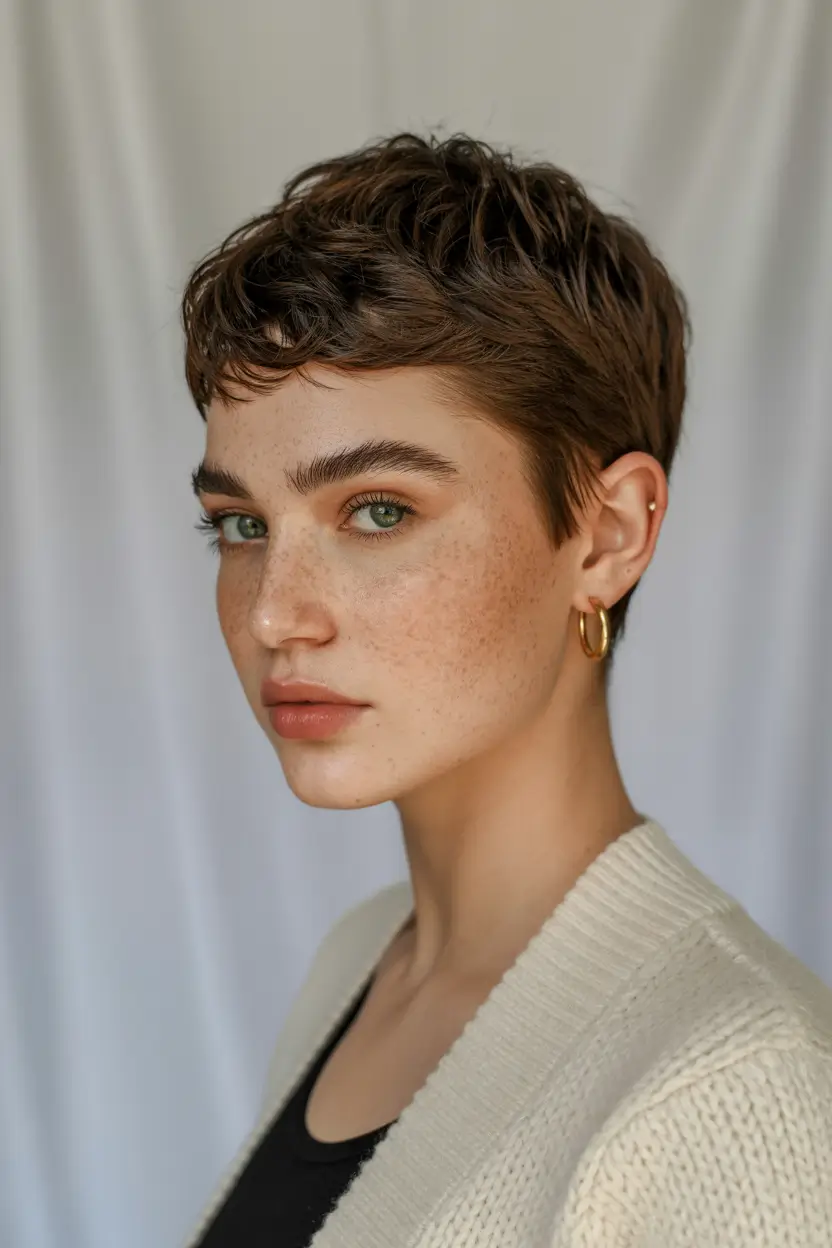 winter pixie haircuts 2025-2026 Soft Brunette Crop with Minimalist Vibes