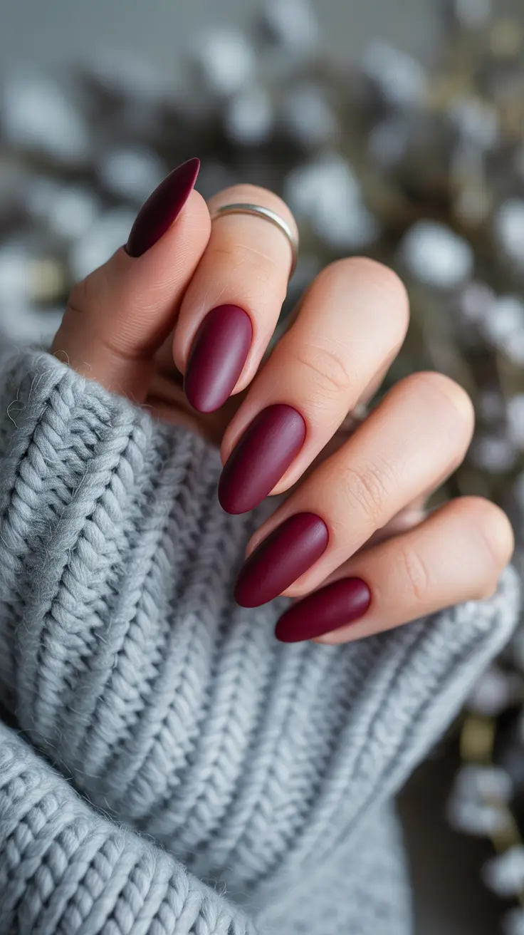 dark red christmas nails almond Matte Mulled Wine