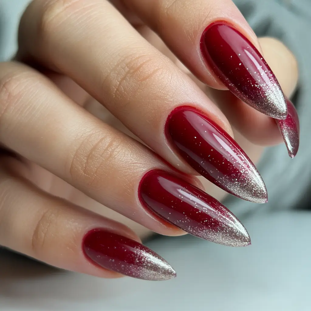 red christmas nails winter Gilded Cranberry Chrome Glow