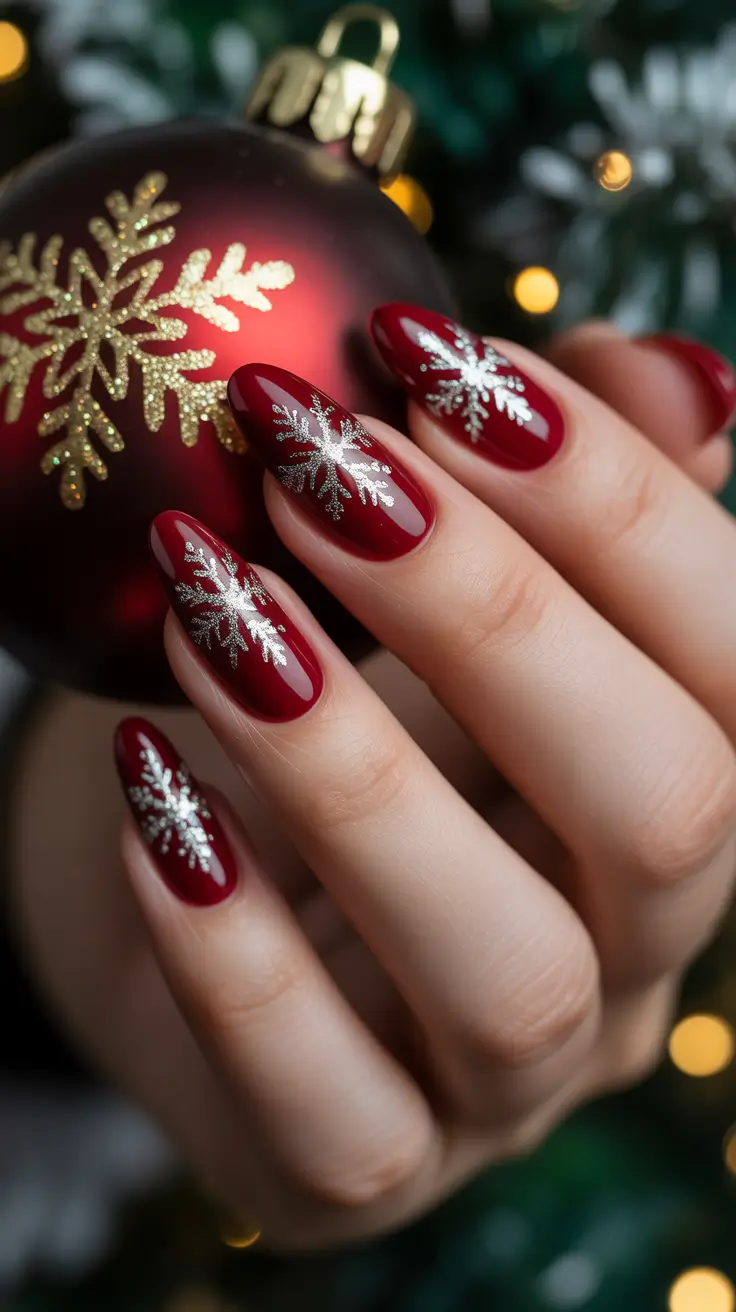 red christmas nails with design Snowflake Elegance with a Holiday Twist