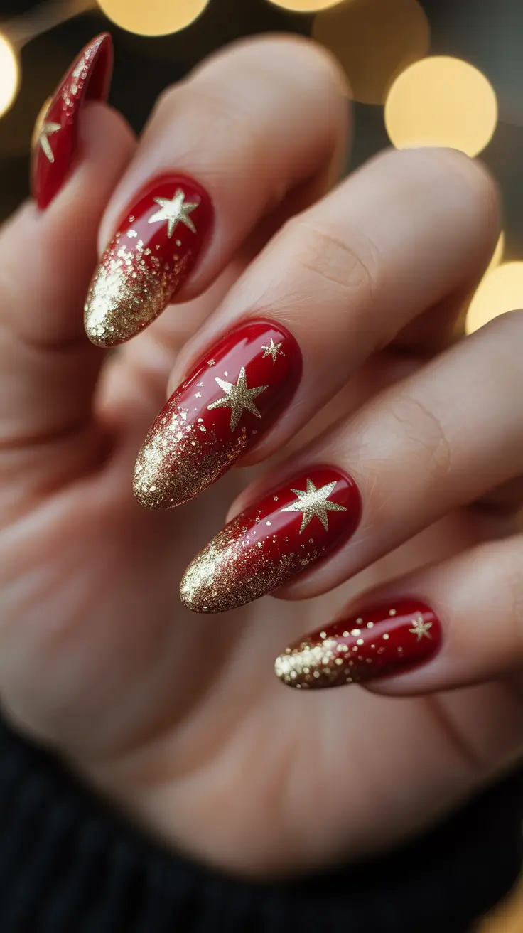red christmas nails glitter Golden Starburst Glam