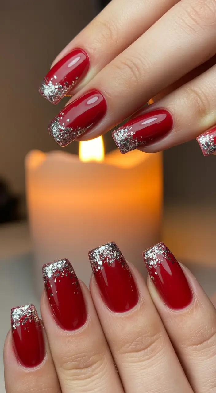 red christmas nails acrylic Silver Sparkle French