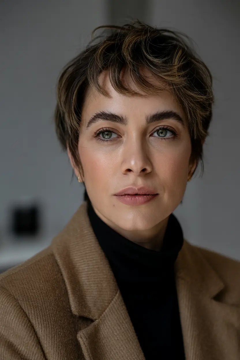 short winter haircuts Soft Espresso Pixie with Wispy Fringe