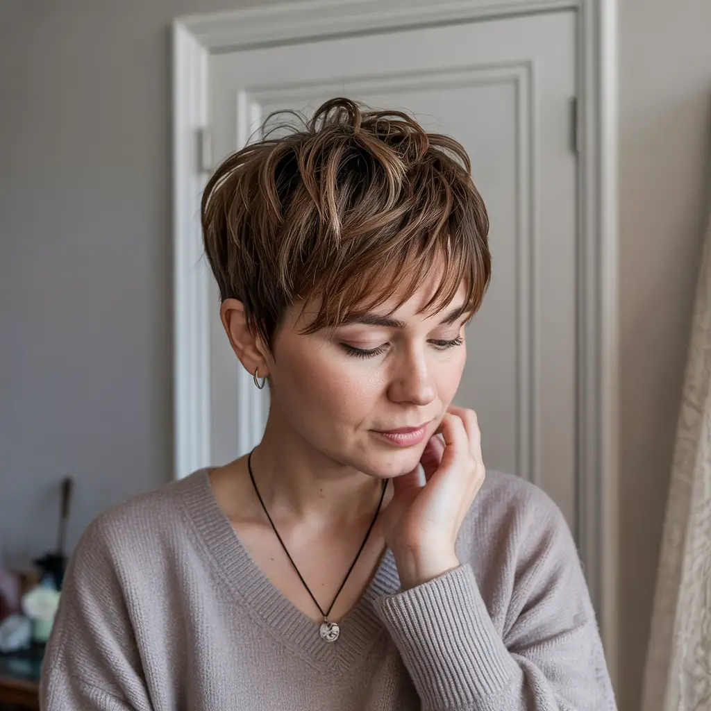 short winter haircuts Feathered Ash Brown Pixie