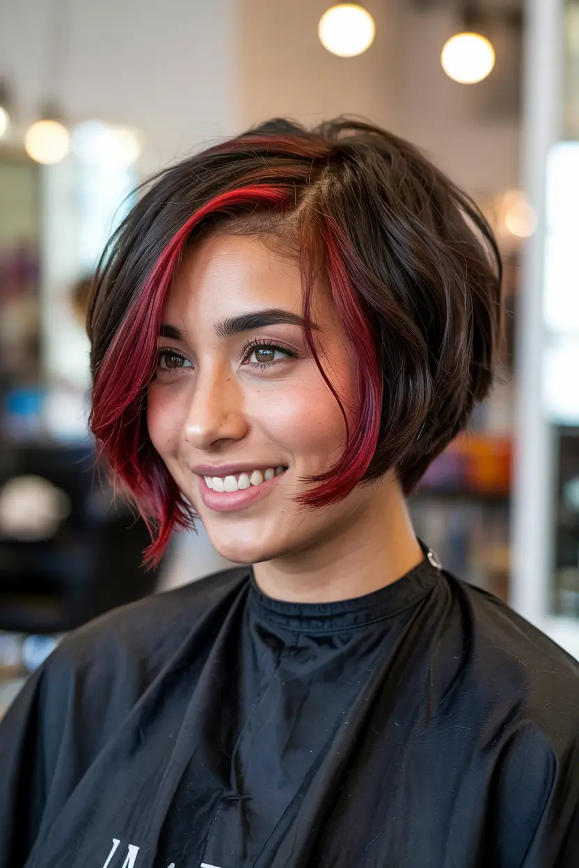 short winter haircuts Textured Bob with Bold Cherry Highlights