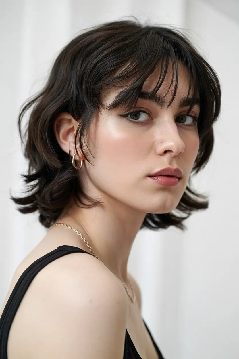 short winter haircuts Textured Shag with French Bangs