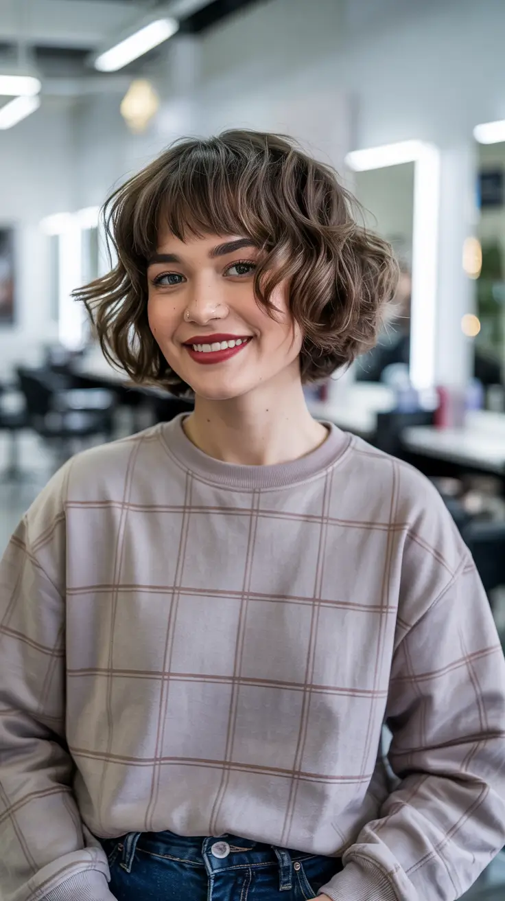 short curly haircuts winter Curly French Bob with Micro Bangs