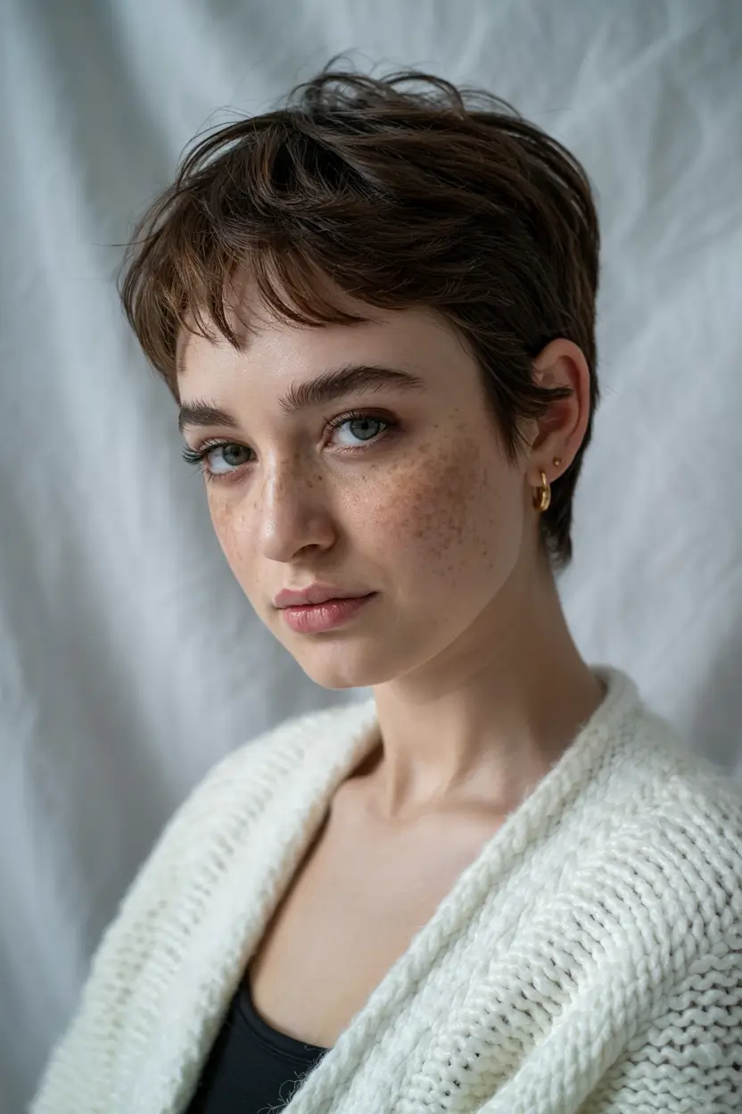 short winter haircuts Textured Brunette Pixie with Natural Volume