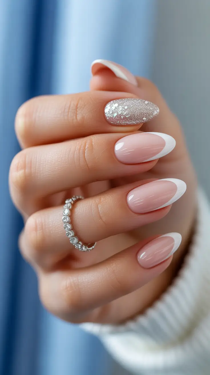 simple christmas nails ideas 2025 soft french sparkle