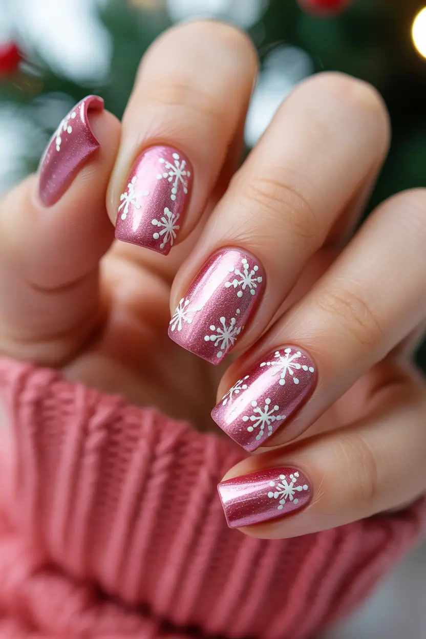 simple christmas nails ideas 2025 blush snowflake charm