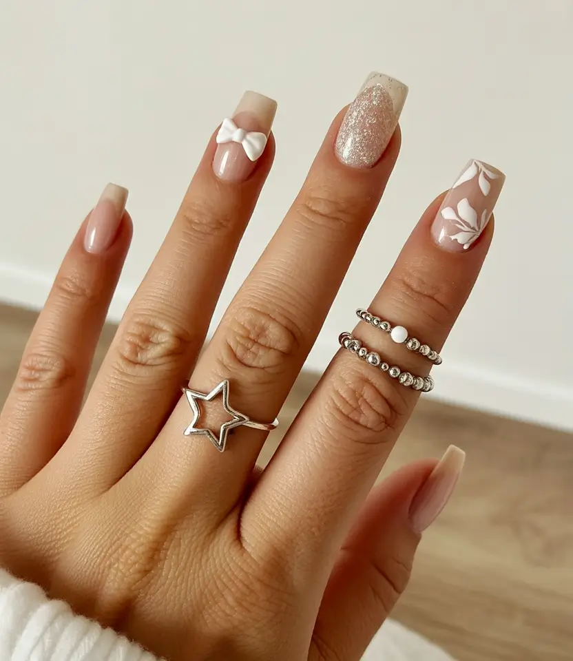christmas french nails design Soft Nude Elegance with 3D Bow & Floral Accents
