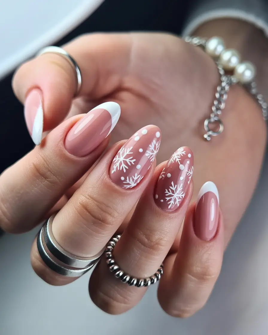 christmas french nails white Soft Snowflake Whispers