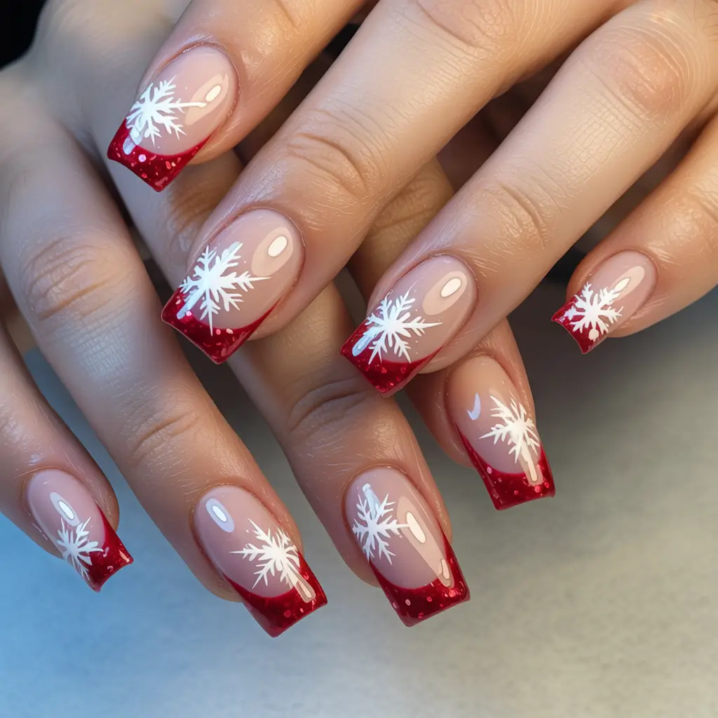 christmas french nails red Crimson Spark with Snowflake Detail