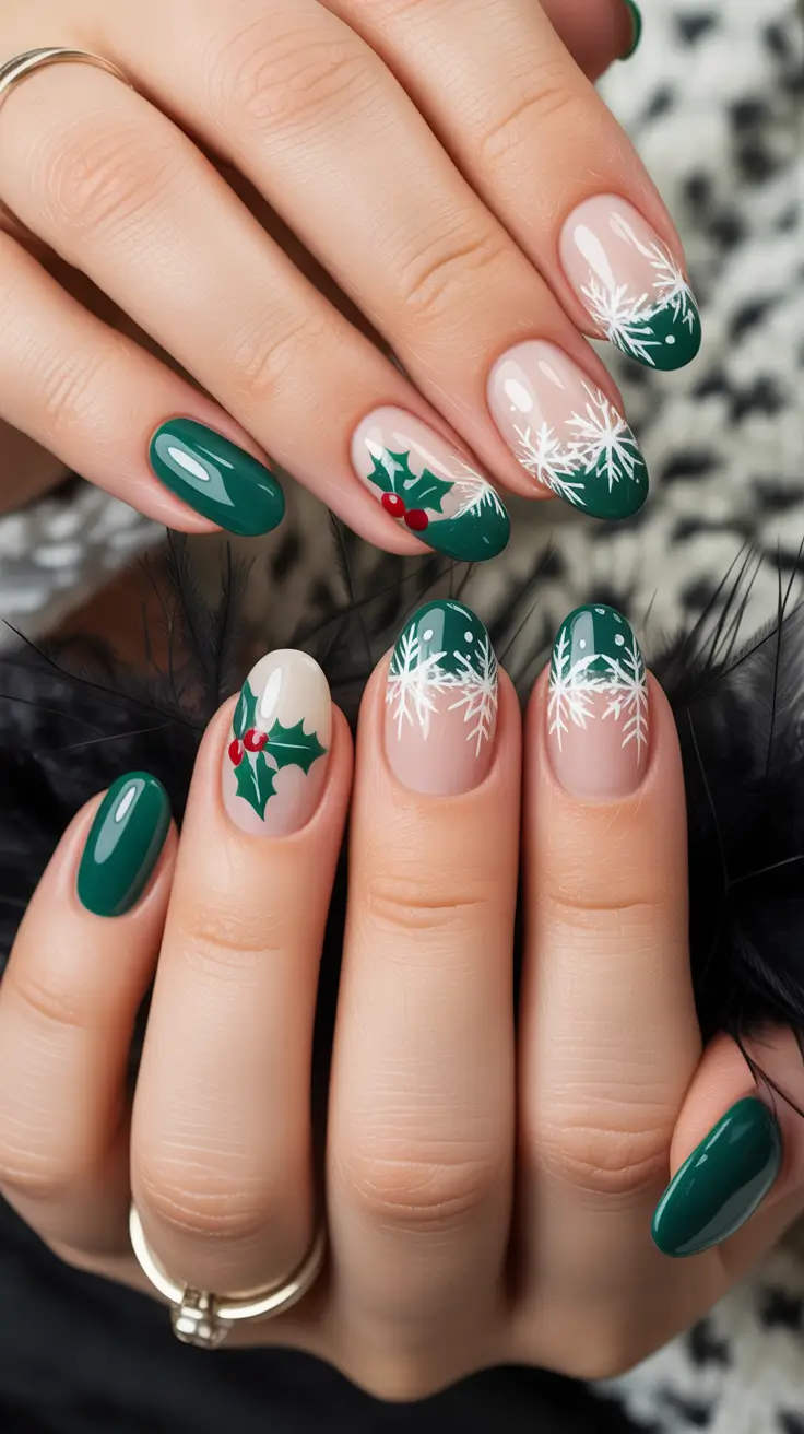christmas french nails green Evergreen Elegance with Holly Details