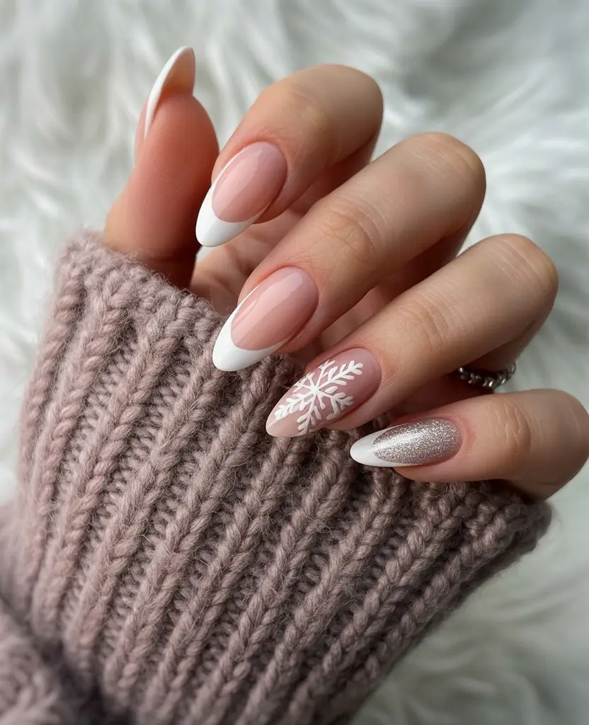 christmas french nails white Frost-Kissed Almond Perfection