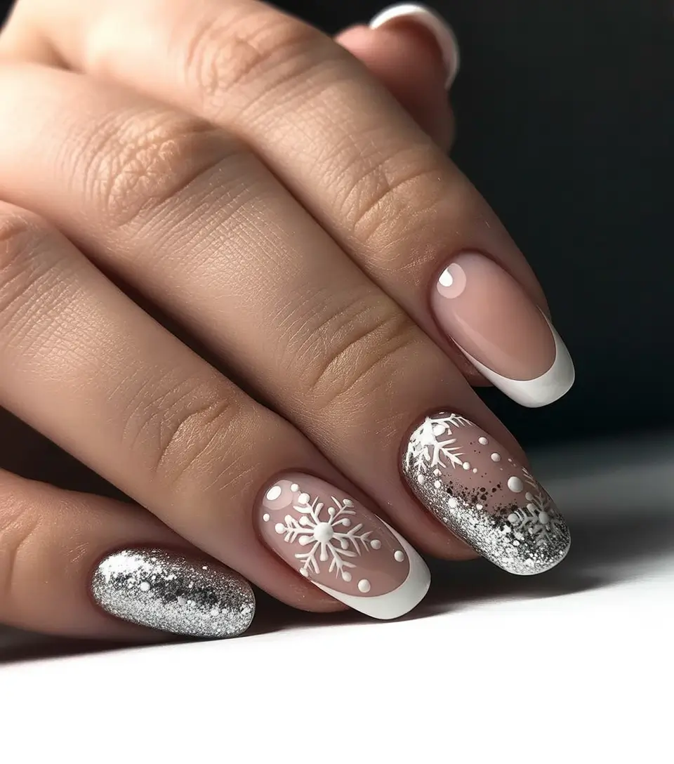 christmas french nails design Snowflake Silver French Elegance