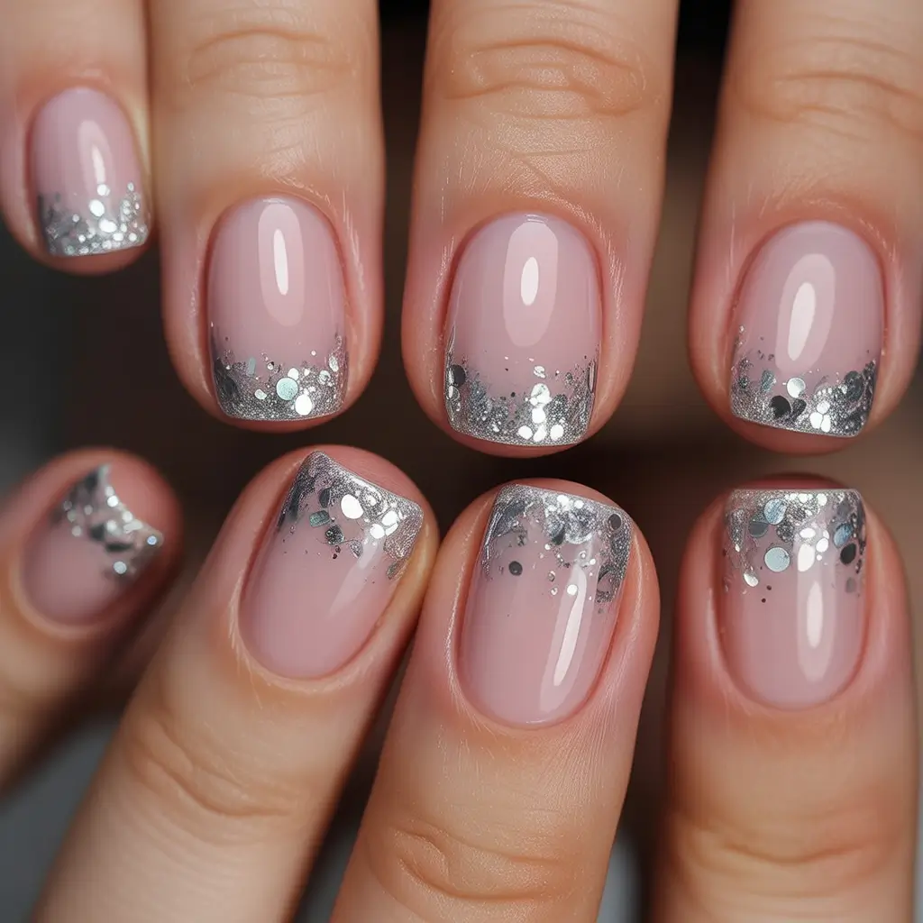 christmas french nails short Minimalist Silver Glitter Tips