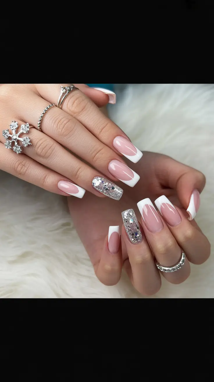 christmas french nails white Crystal White French Perfection